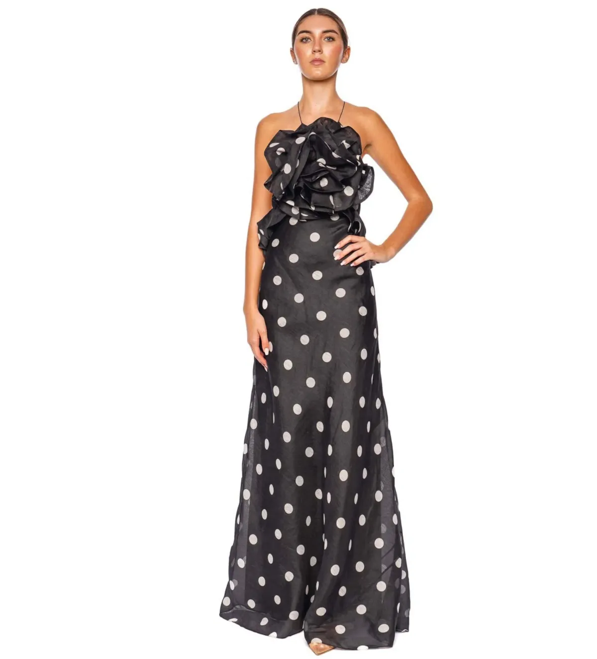 Zimmermann The Crush Ruffle Halter Maxi Dress in Black/Cream Dot Size 1 /Au 10 - Image 1