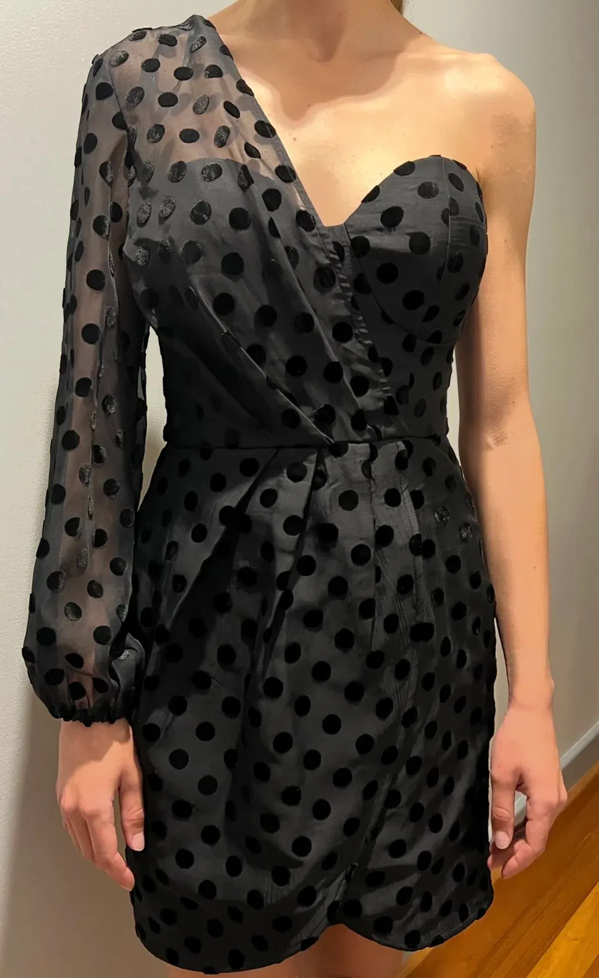 Sheike Revenge Mesh Polka Dot One Sleeve Mini Dress Black Size 8 - Image 3