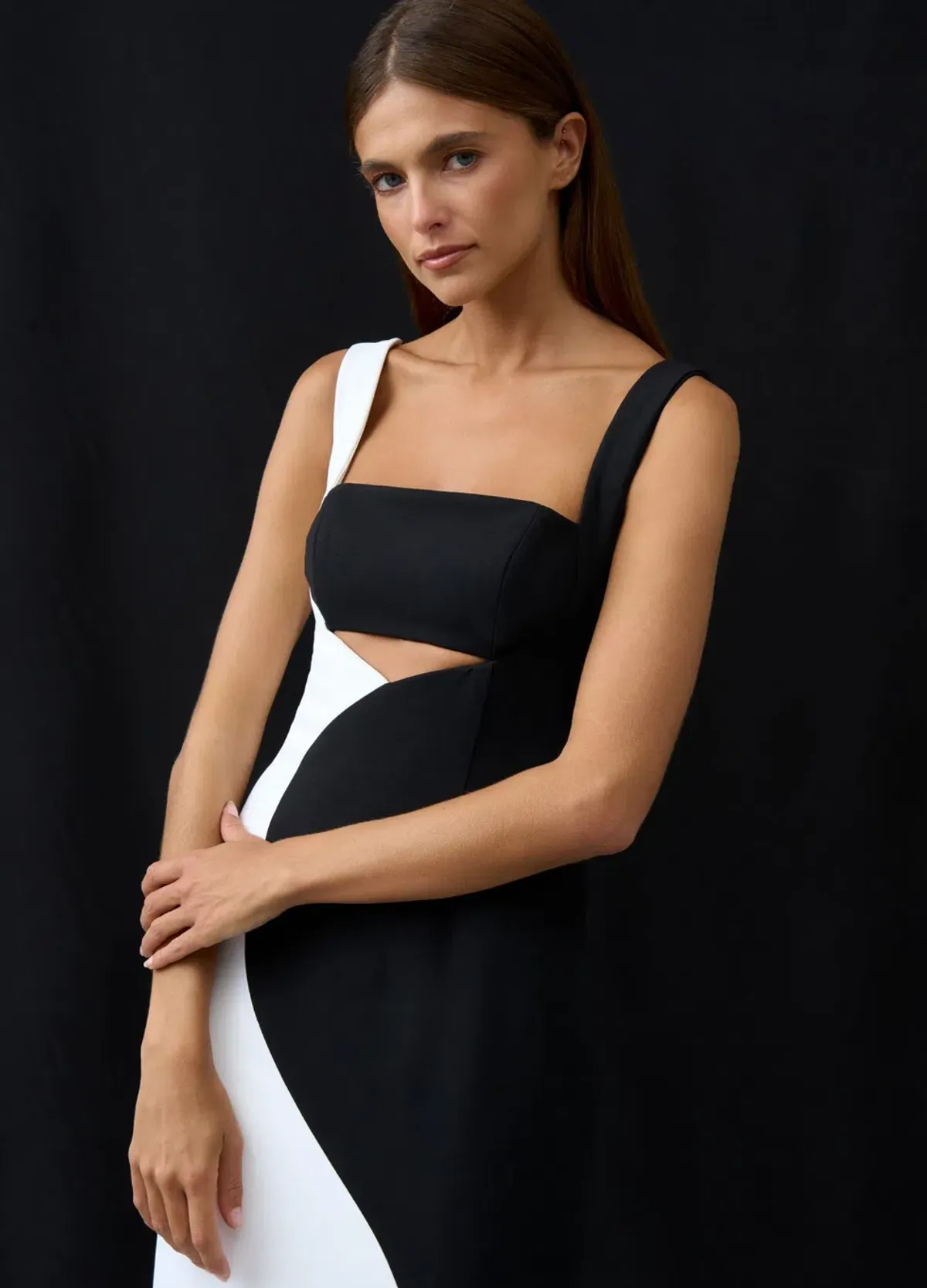 By Johnny Caterina Two Tone Curve Midi Dress Black/White Size AU 10 - Image 2