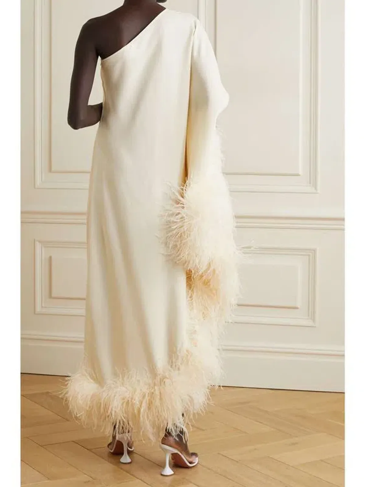 Taller Marmo Ubud One Shoulder Feather Trimmed Crepe Maxi Dress Ivory Size 38 / AU 6 - Image 3