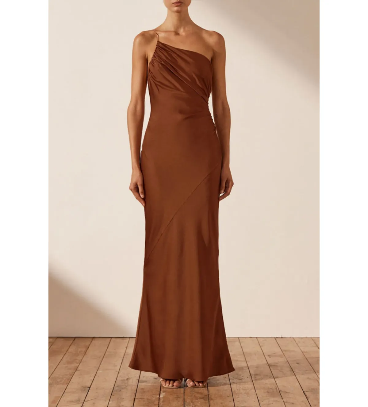 Shona Joy Luxe Asymmetrical Gathered Maxi Dress Mocha Size 6  - Image 3