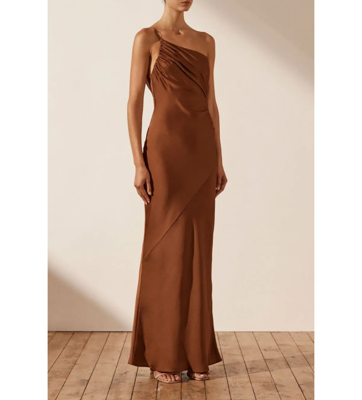 Shona Joy Luxe Asymmetrical Gathered Maxi Dress Mocha Size 6  - Image 2