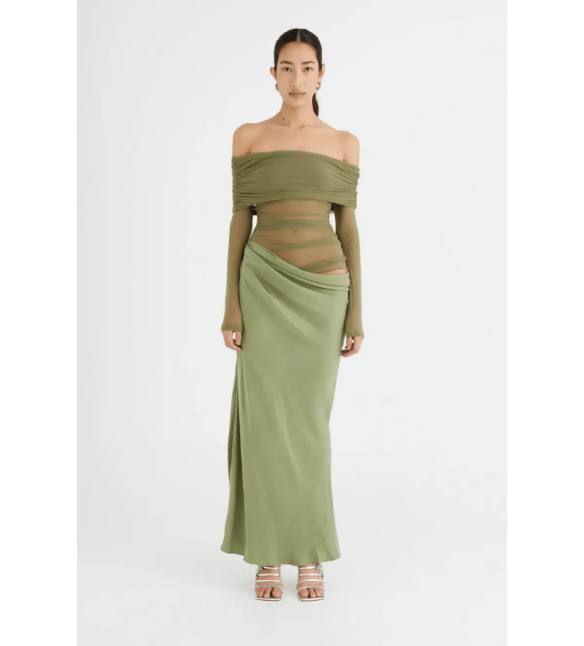Benni Yasmin Off-Shoulder Maxi Dress in Pistachio Size 6 - Image 1