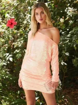 Retrofete Yasmin Sequin Off Shoulder Ruched Mini Dress in Grapefruit Size S / AU 8 for rent on The Volte - image 7