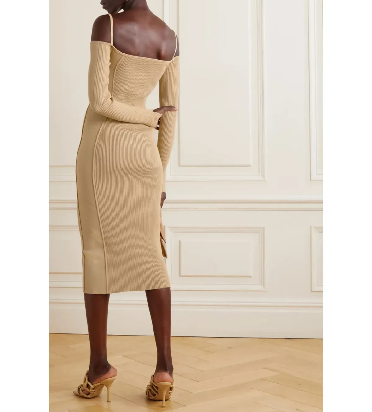 Jacquemus Sierra Embellished Ribbed Knit Midi Dress Sand Size 40 / AU 12 - Image 2