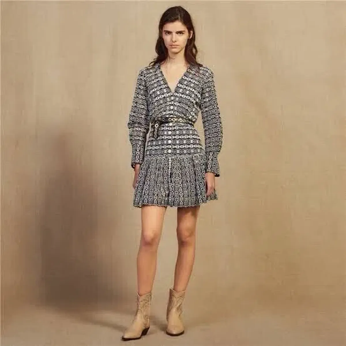 Sandro Dress Rolly Embroidered Broderie Anglaise Mini Dress Navy Beige Size 36 / AU 8  - Image 3