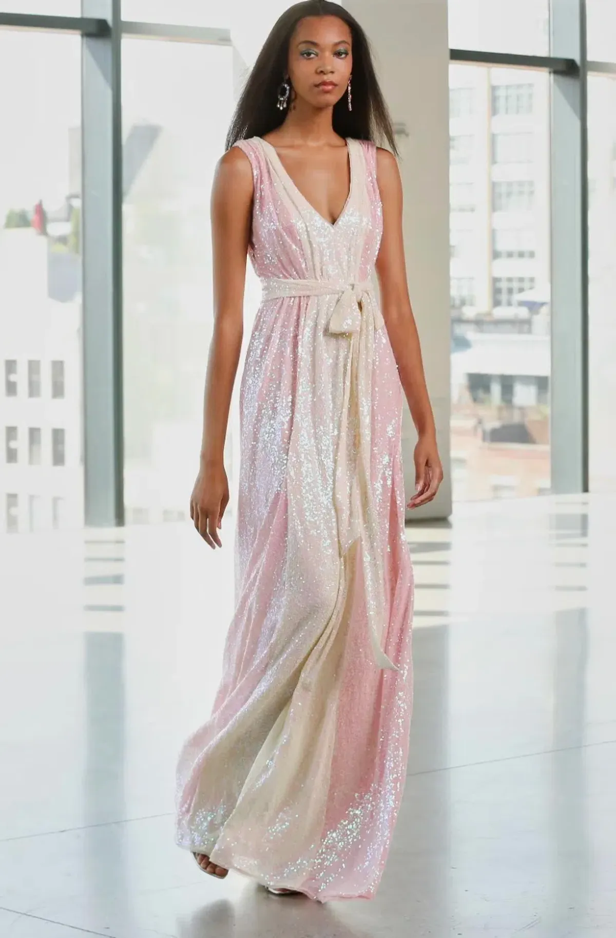 Badgley Mischka Two Tone V-Neck Sequin Long Gown Pink and Lemon Size AU 8 - Image 1