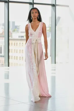 Badgley Mischka Two Tone V-Neck Sequin Long Gown Pink and Lemon Size AU 8 for rent on The Volte - image 4
