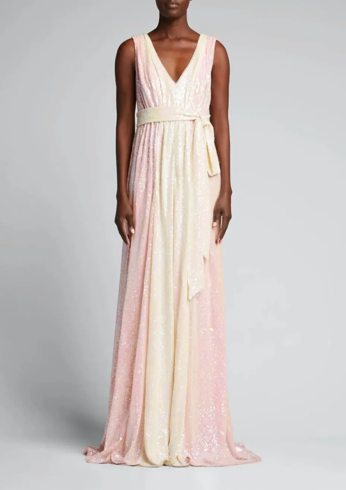 Badgley Mischka Two Tone V-Neck Sequin Long Gown Pink and Lemon Size AU 8 - Image 5