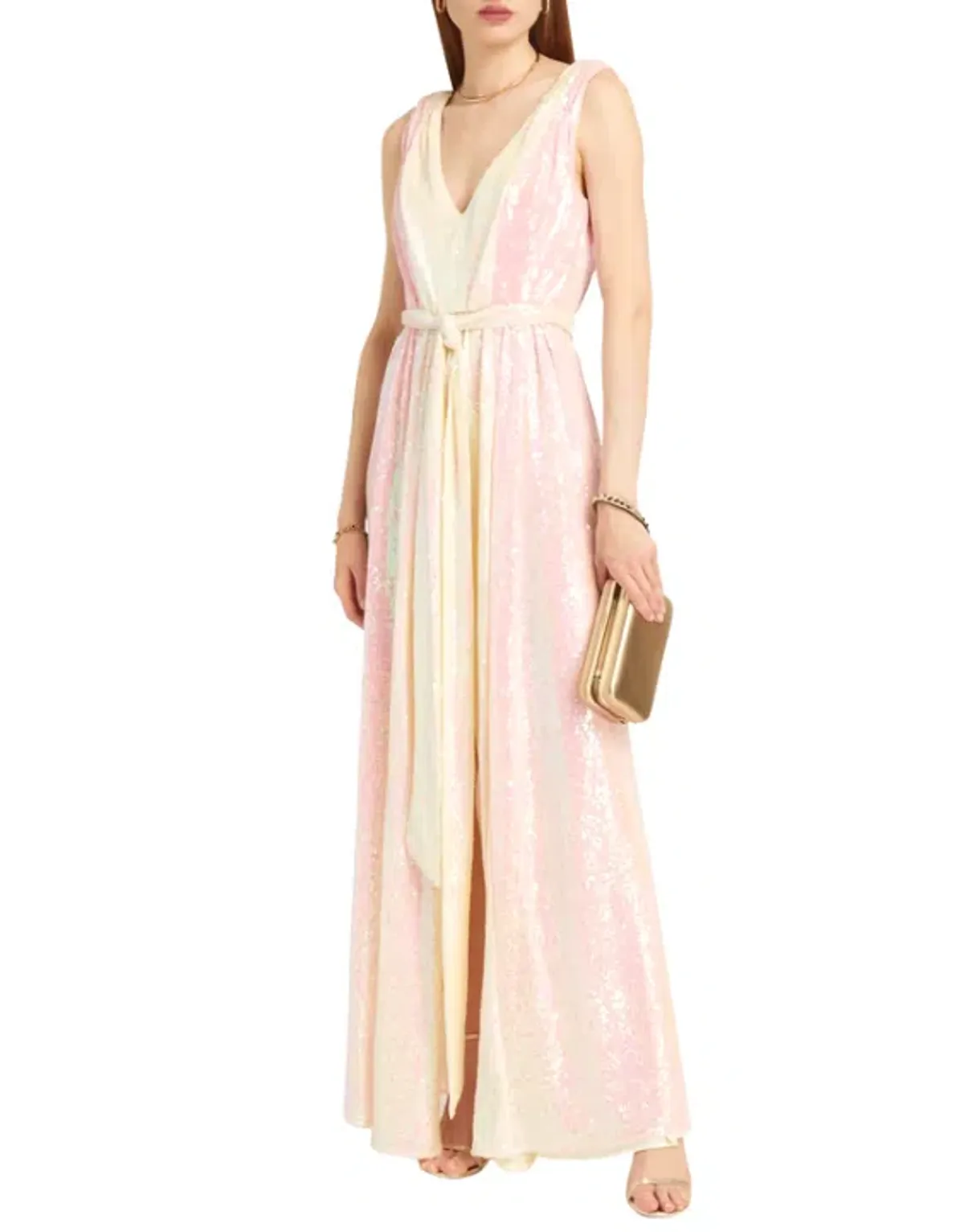 Badgley Mischka Two Tone V-Neck Sequin Long Gown Pink and Lemon Size AU 8 - Image 2