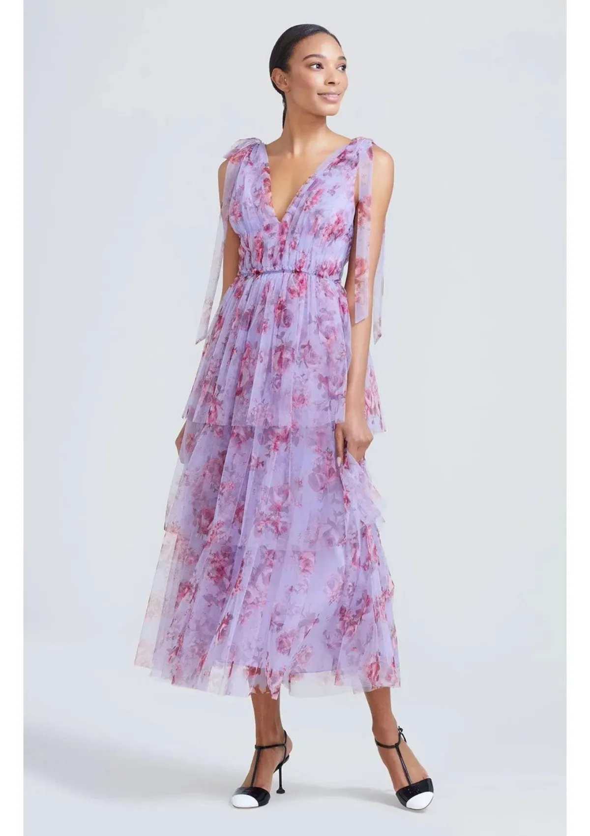 Lela Rose Floral Tiered Tulle Dress Purple Size AU 14 - Image 3