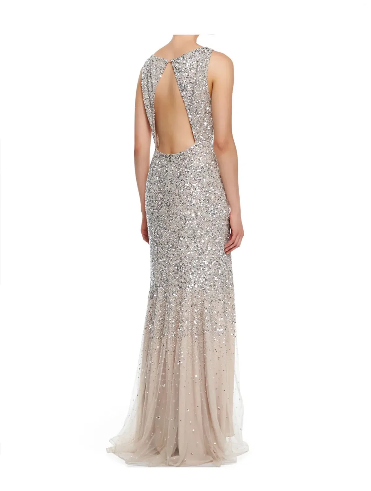 Alice + Olivia Saba Sleeveless Beaded Mesh Gown Silver Sequins on Nude Lining Size AU 4 - Image 2