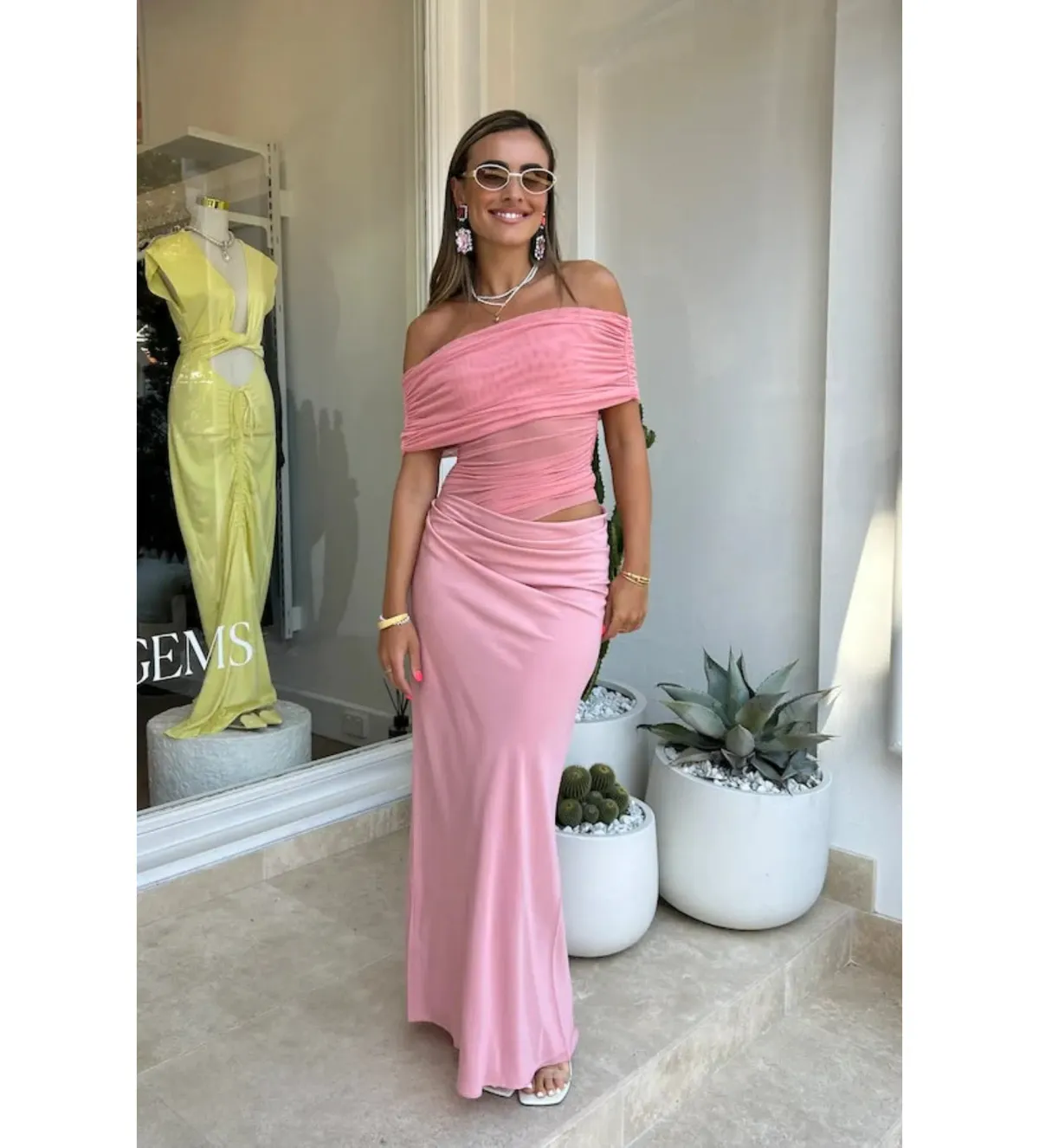 Benni Nico Off Shoulder Maxi Dress Candy Floss Pink Size AU 8 - Image 1
