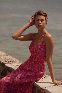 Scanlan Theodore Linen Palm Print Slip Dress Pink Size 6 for rent on The Volte - image 2