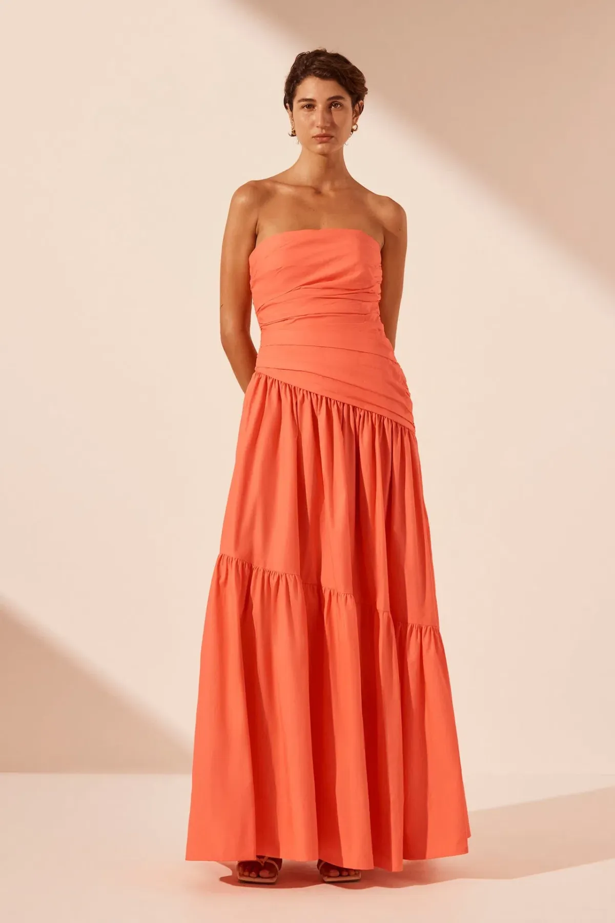 Shona Joy Maiori Strapless Tiered Maxi Dress in Coral Size 6 - Image 1