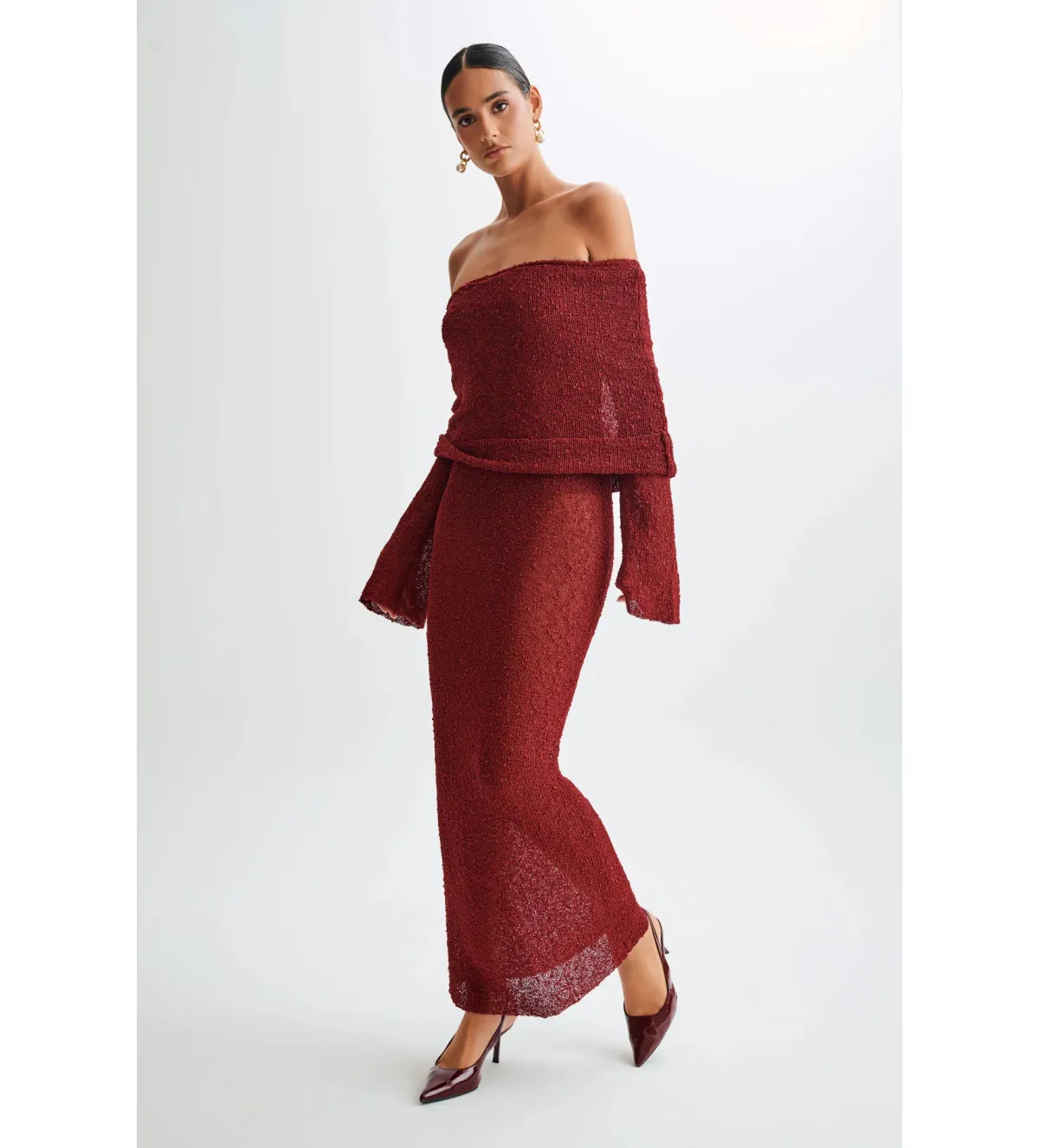 Meshki Marisol Off Shoulder Boucle Maxi Dress Red Size AU 6 - Image 2