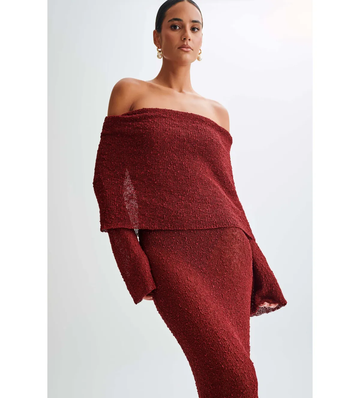 Meshki Marisol Off Shoulder Boucle Maxi Dress Red Size AU 6 - Image 5