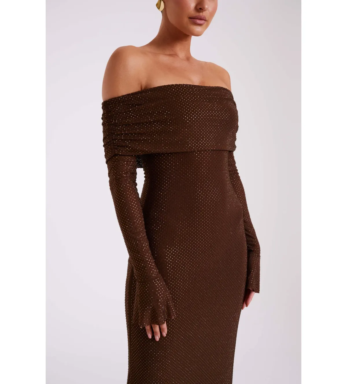 Meshki Marcel Off Shoulder Diamante Maxi Dress Brown Size AU 10 - Image 6