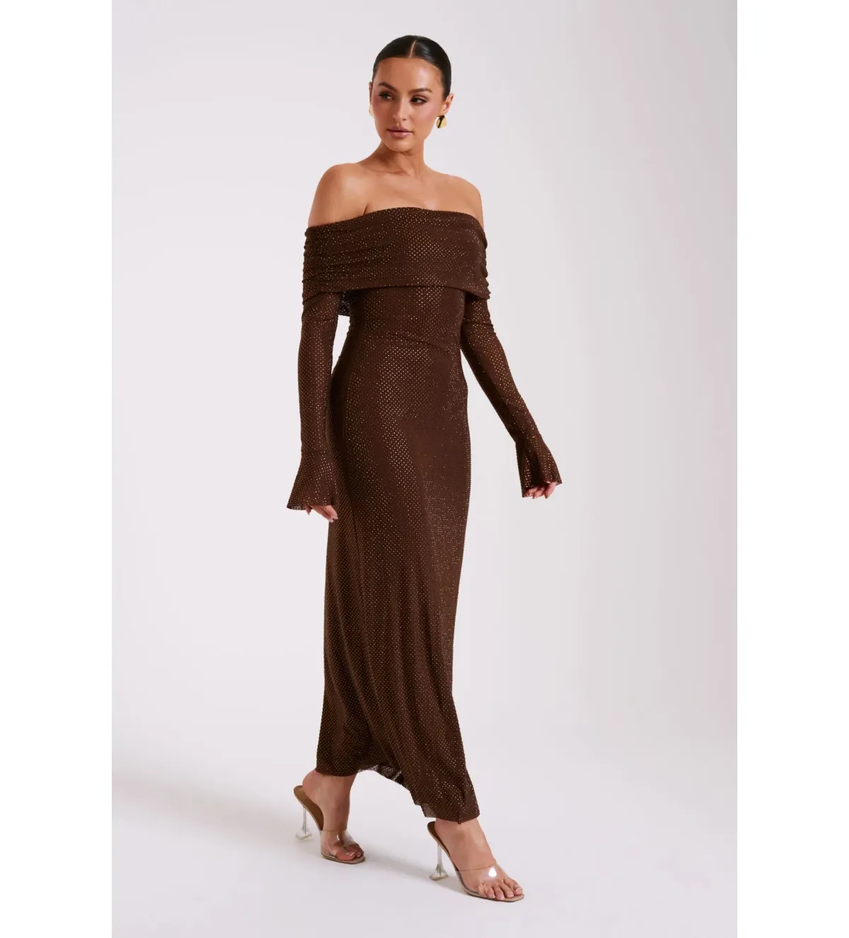 Meshki Marcel Off Shoulder Diamante Maxi Dress Brown Size AU 10 - Image 2