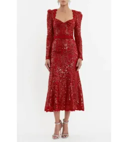 Rebecca Vallance Nicky Hilton Leyla Long Sleeve Midi Dress in Red Sequin Size XS / AU 6 for rent on The Volte - image 1