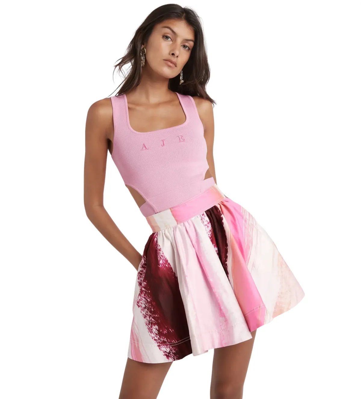 Aje Kasbah Crop Top and Mini Skirt Set in Sunset Pink Print Size AU 8 - Image 3