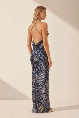 Shona Joy Mer Silk Double Cowl Bias Maxi Dress Navy/Ivory Print Size 6 for rent on The Volte - image 3
