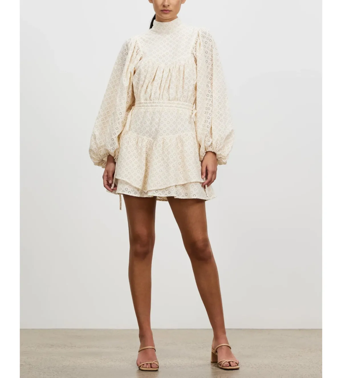 Shona Joy Poppy High Neck Balloon Sleeve Mini Dress Beige Size 10  - Image 1