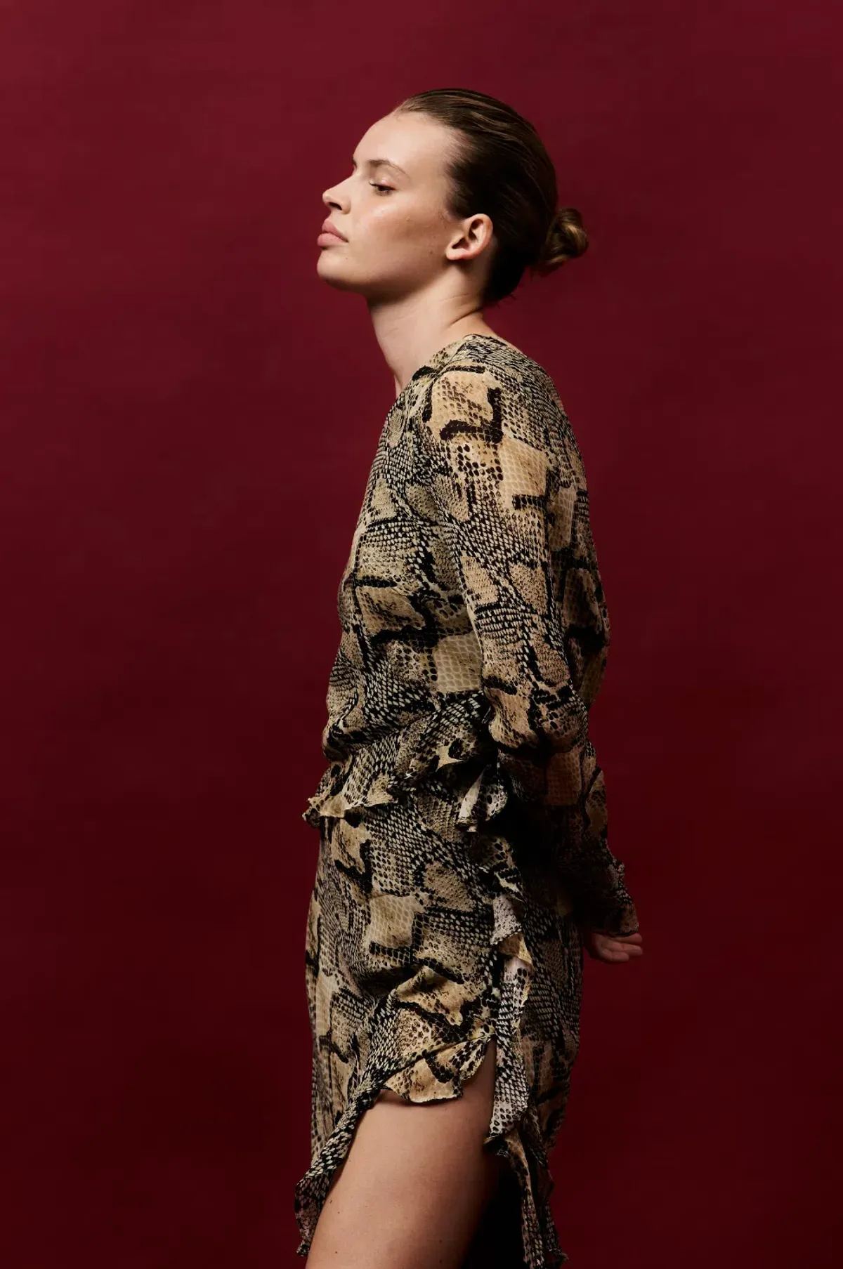 Shona Joy Hadiya Asymmetrical Long Sleeve Ruffle Maxi Dress in Hadiya Snake Print Size AU 8 - Image 5