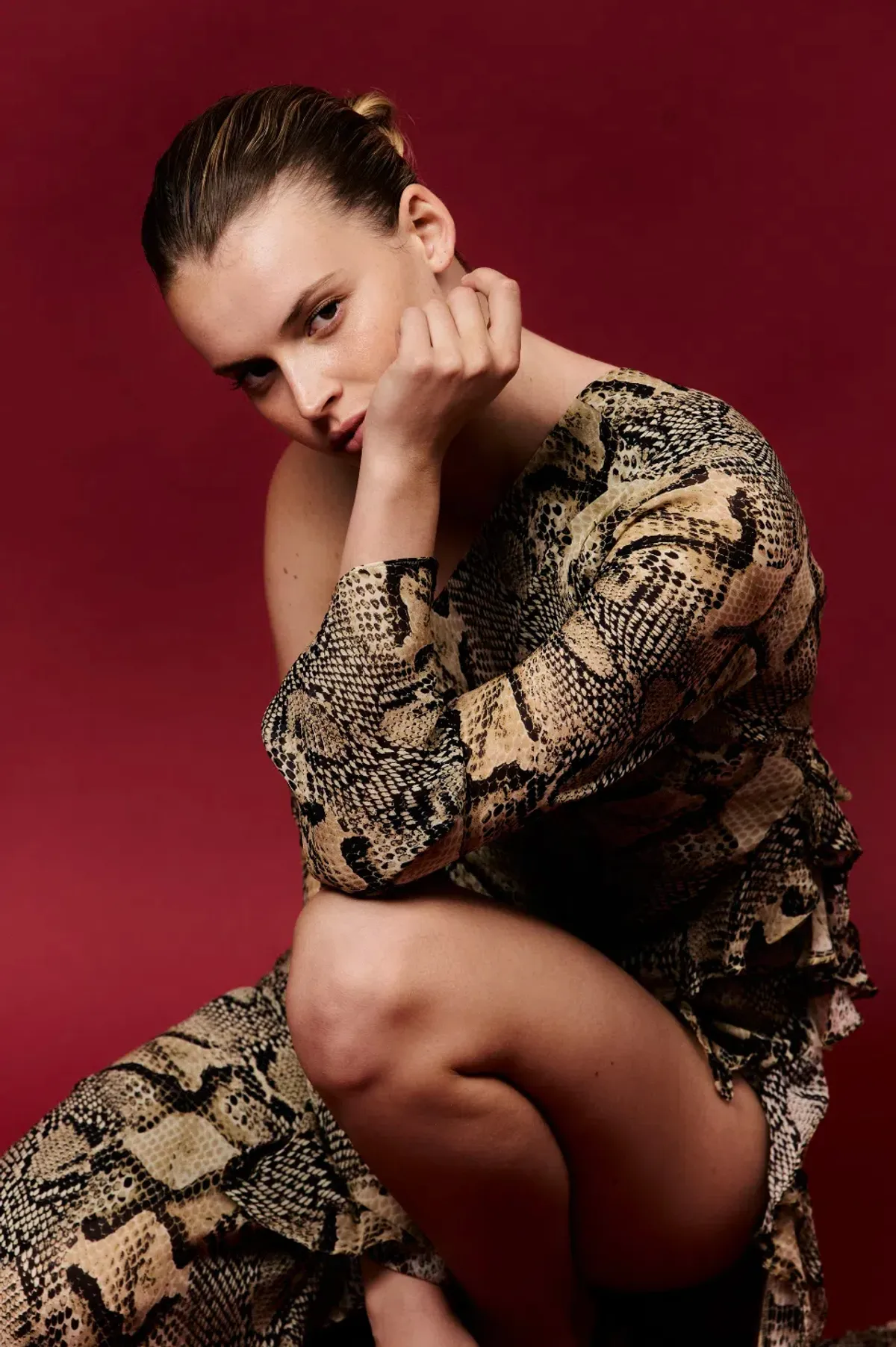 Shona Joy Hadiya Asymmetrical Long Sleeve Ruffle Maxi Dress in Hadiya Snake Print Size AU 8 - Image 4