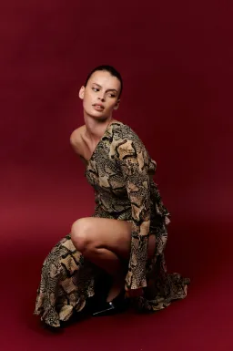 Shona Joy Hadiya Asymmetrical Long Sleeve Ruffle Maxi Dress in Hadiya Snake Print Size AU 8 for rent on The Volte - image 3