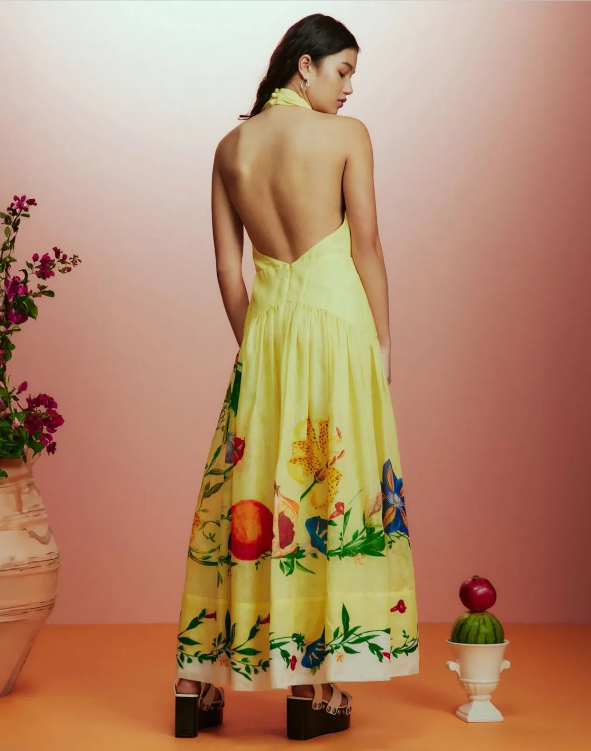 Alemais Dahlia Halter Gown Midi Yellow Print Size AU 10 - Image 3