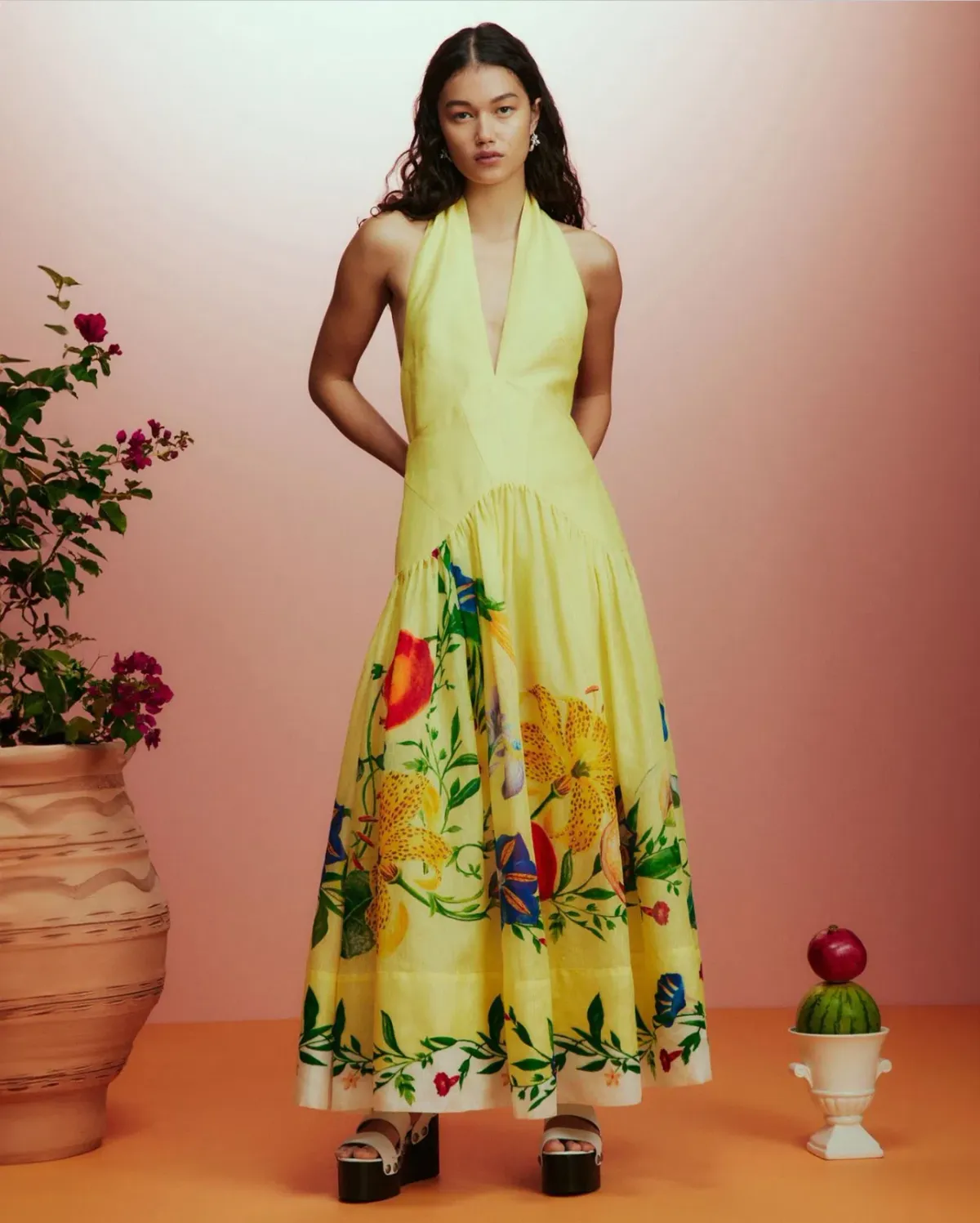 Alemais Dahlia Halter Gown Midi Yellow Print Size AU 10 - Image 1