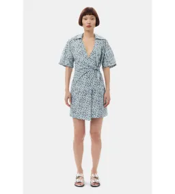 Ganni Blue Floral Printed Cotton Wrap Mini Dress in Glacier Lake Size AU 10  for rent on The Volte - image 2