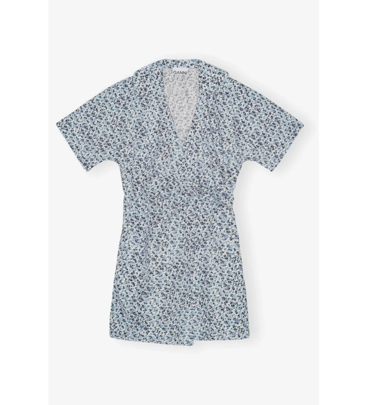 Ganni Blue Floral Printed Cotton Wrap Mini Dress in Glacier Lake Size AU 10  - Image 5