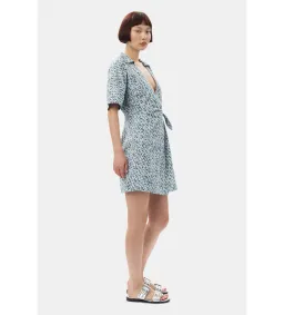 Ganni Blue Floral Printed Cotton Wrap Mini Dress in Glacier Lake Size AU 10  for rent on The Volte - image 3