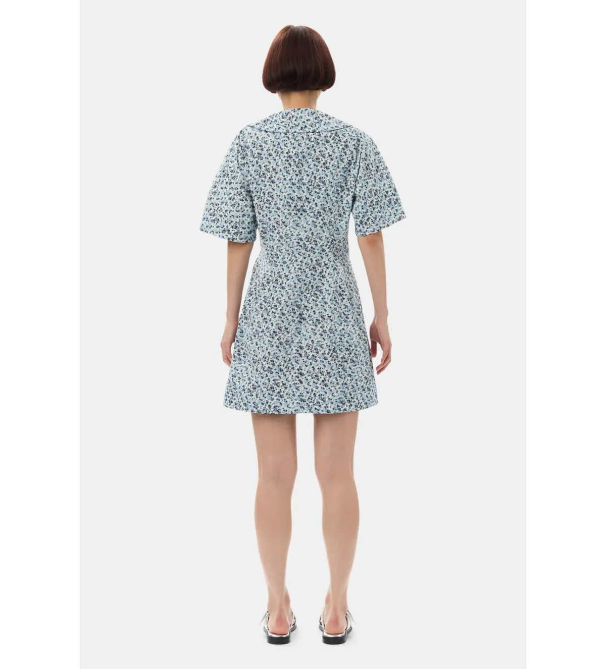 Ganni Blue Floral Printed Cotton Wrap Mini Dress in Glacier Lake Size AU 10  - Image 4