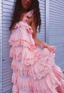 Innika Choo Schiffli Scallop Frill Maxi Dress Pink One Size for rent on The Volte - image 4