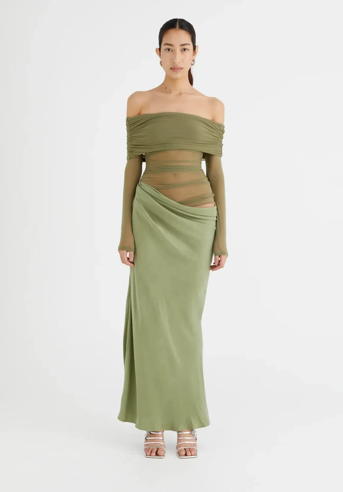 Benni Yasmin Off Shoulder Maxi Dress Pistachio Green Size 10 - Image 1