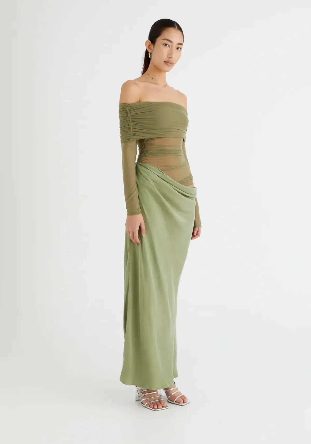 Benni Yasmin Off Shoulder Maxi Dress Pistachio Green Size 10 - Image 2