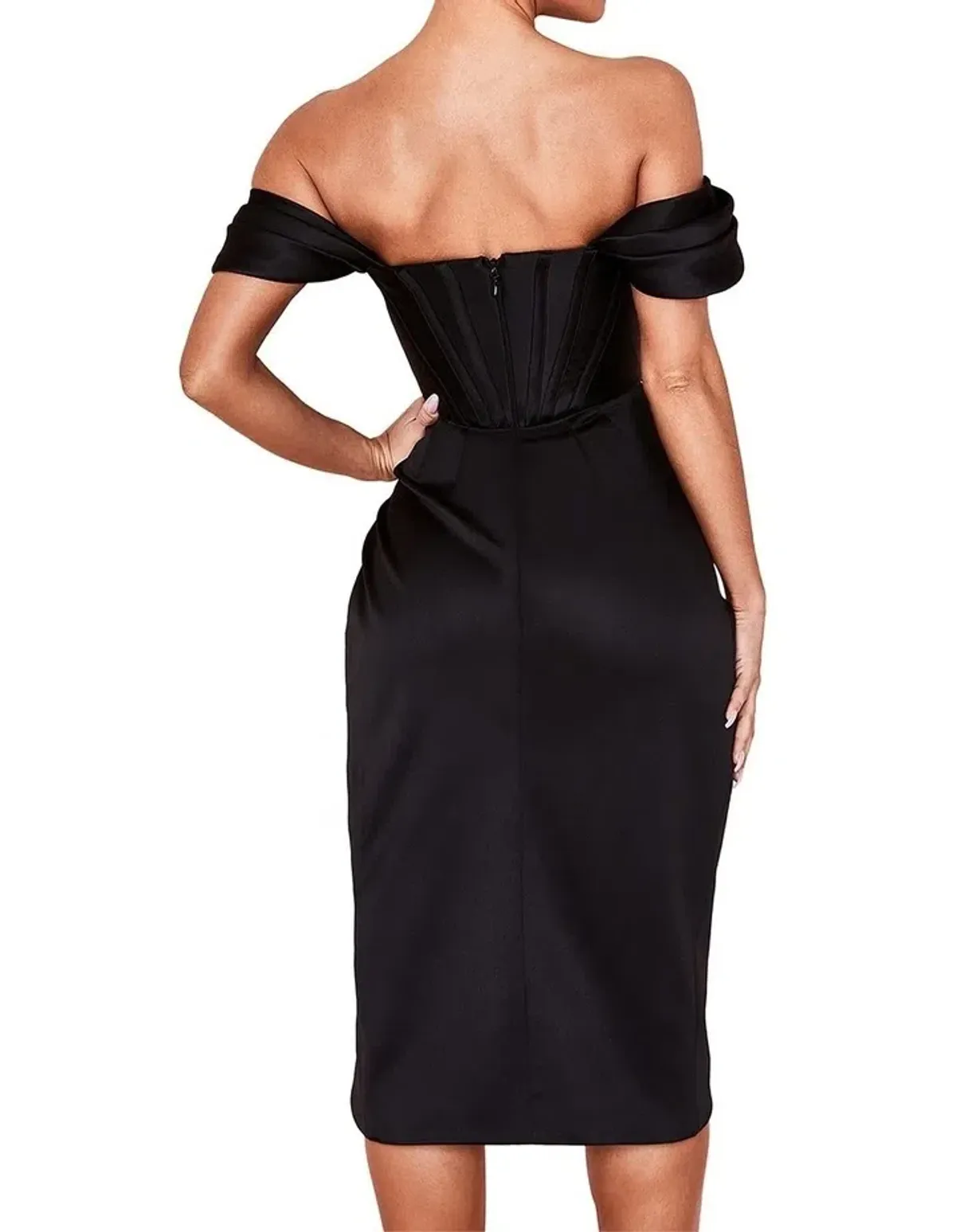 House of CB Loretta Satin Off the Shoulder Midi Dress Black Size S / AU 8 - Image 3