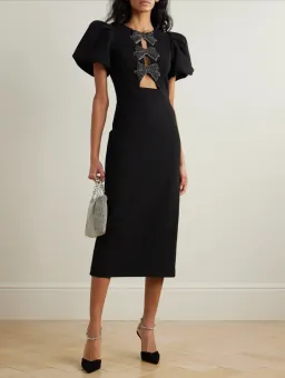 Rebecca Valance Eliana Puff Sleeve Midi Dress in Black Size AU 12 for rent on The Volte - image 1