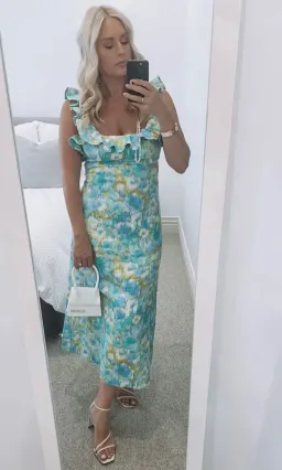 Zimmermann High Tide Frilled Ruffle Midi Dress Aqua Ikat Floral Size 3 / 14 AU for rent on The Volte - image 1