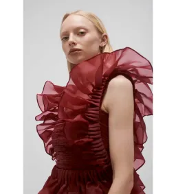 Aje Asra Pleated Frill Midi Dress Mahogany Red Size AU 8 for rent on The Volte - image 3