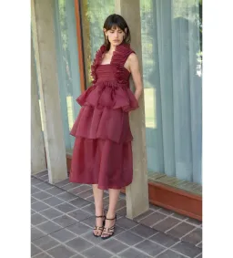 Aje Asra Pleated Frill Midi Dress Mahogany Red Size AU 8 for rent on The Volte - image 1