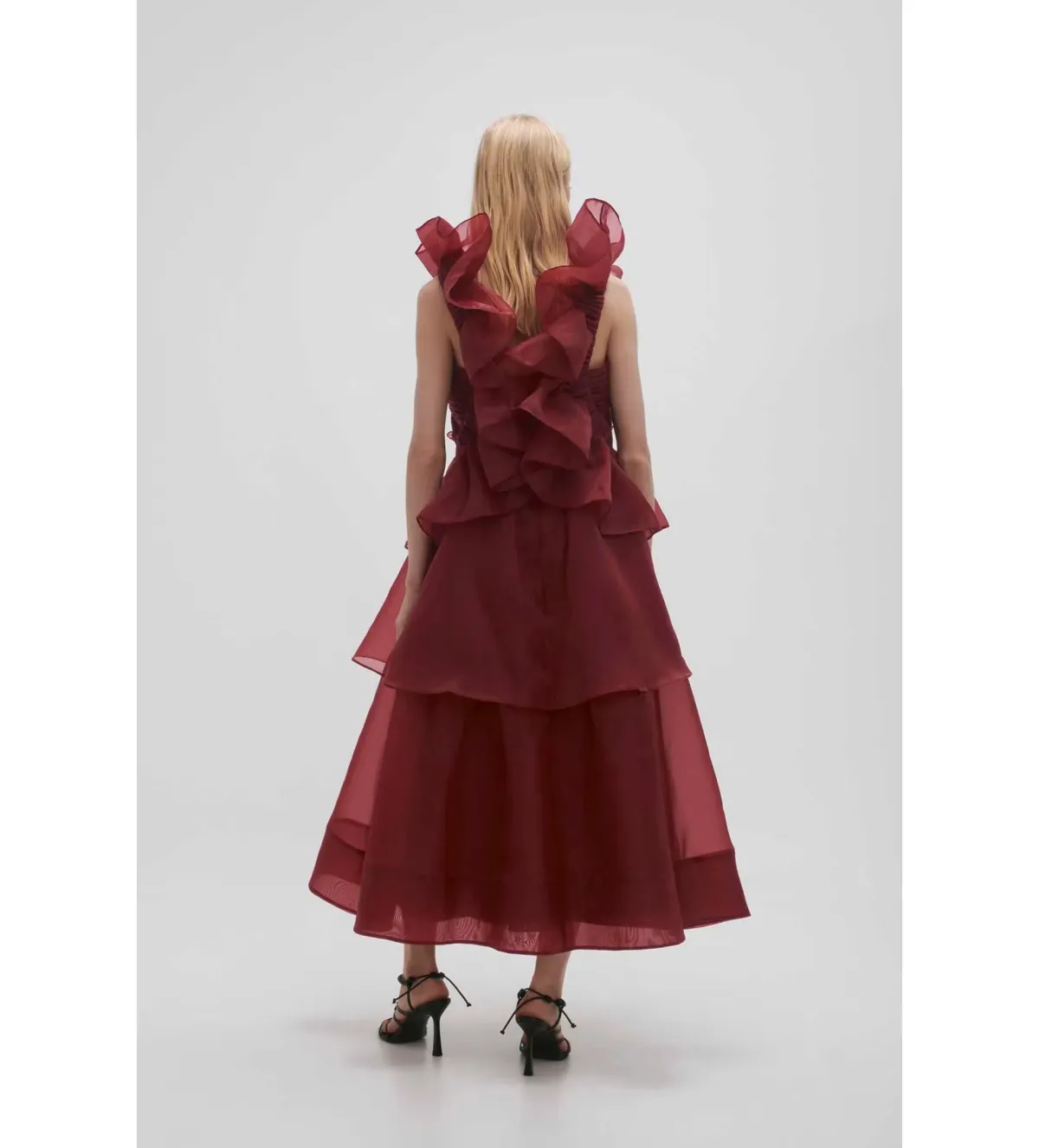 Aje Asra Pleated Frill Midi Dress Mahogany Red Size AU 8 - Image 4