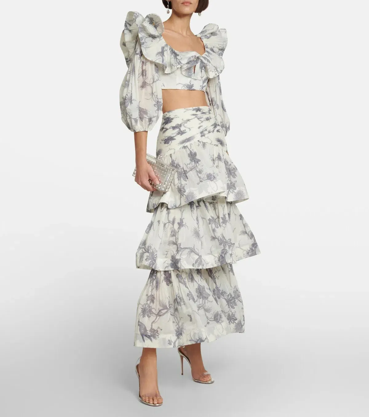 Zimmermann Cropped Bodice & Pleated Tiered Maxi Skirt Set Keira Navy Floral Size 2 / AU 12 - Image 1