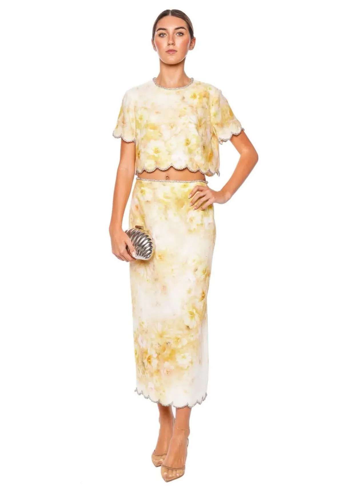 Zimmermann Crush Scalloped Top & Midi Skirt Set Yellow Floral (Top-Size OP) (Skirt-Size 0 / AU 8) - Image 1