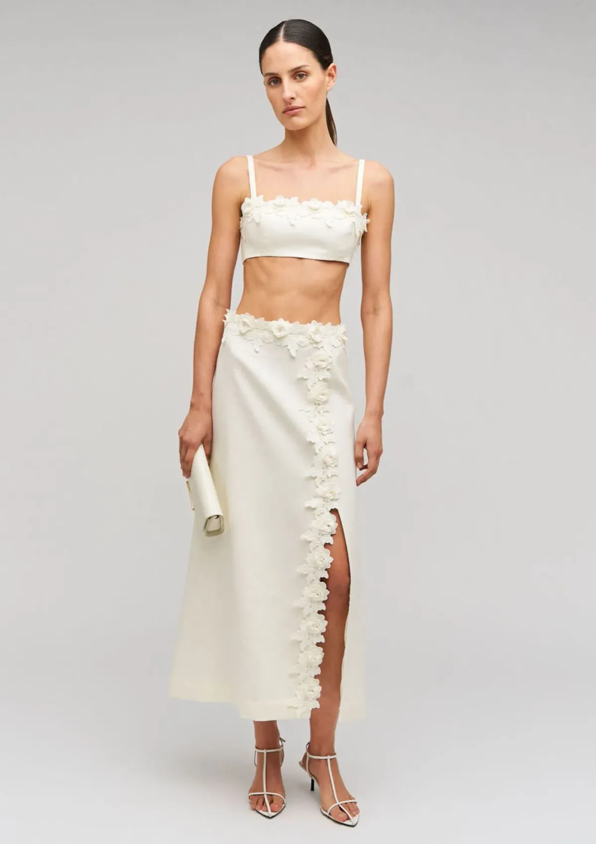 Oroton Rosebud Lace Bralet and Midi Skirt Set Soft Cream Size 8 - Image 2