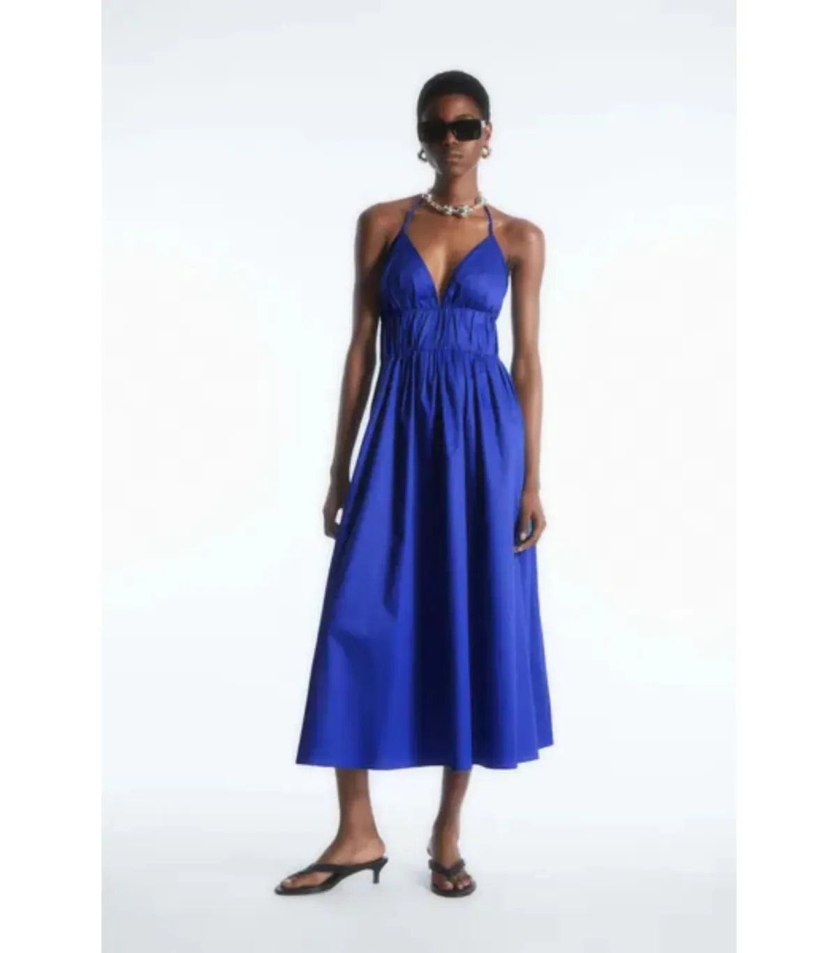 Cos Gathered Halterneck Midi Dress Bright Blue Size AU 10 - Image 1