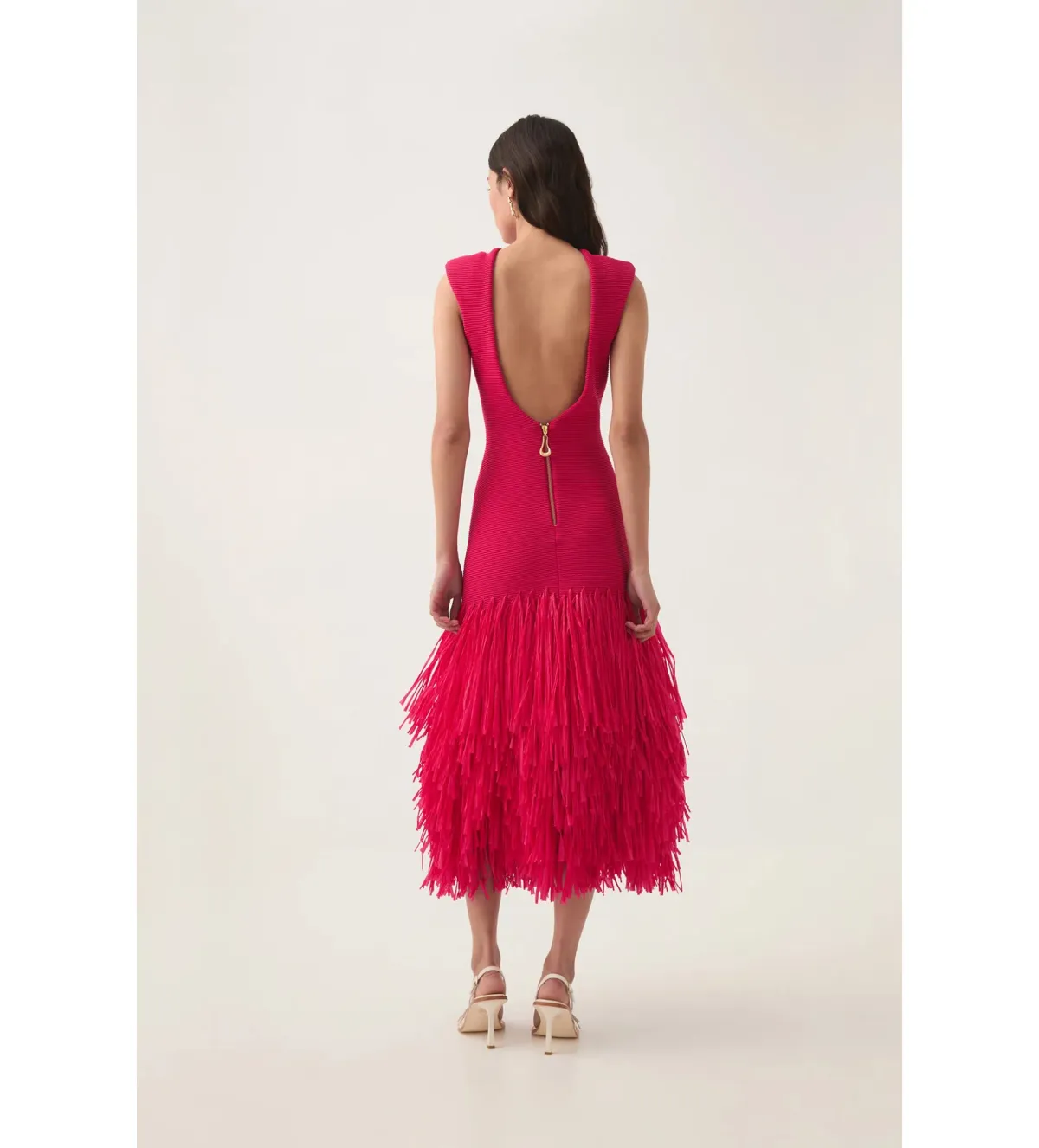Aje Rushes Raffia Knit Midi Dress Deep Fuschia Size AU 8 - Image 4